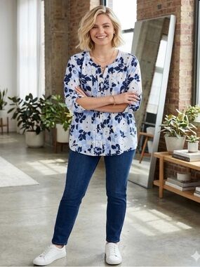 Catherines Navy and Light Blue Floral Pintuck Blouse